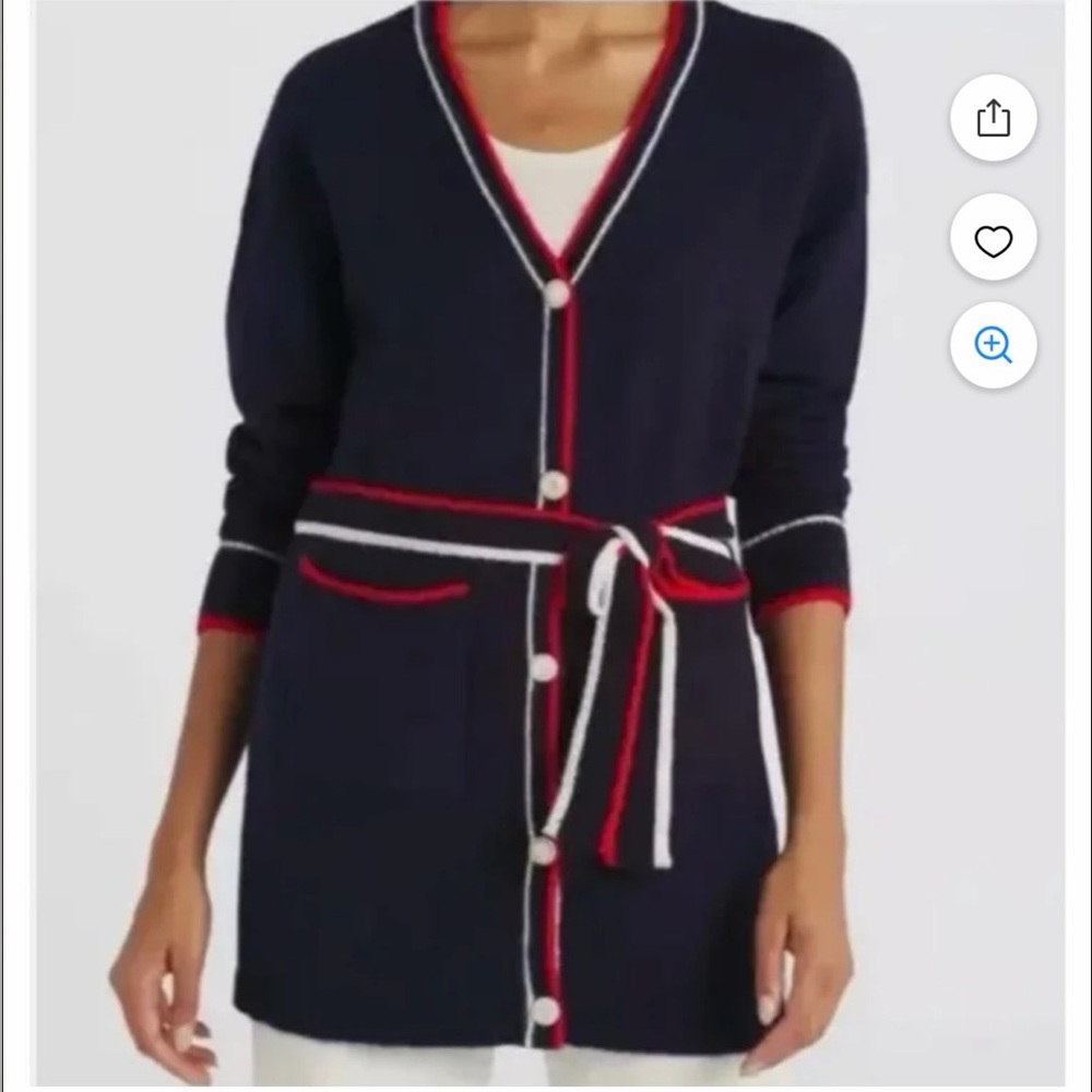 VIGOSS RED WHITE BLUE LONG LENGTH CARDIGAN WITH BELT & POCKETS SWEATER SIZE XL